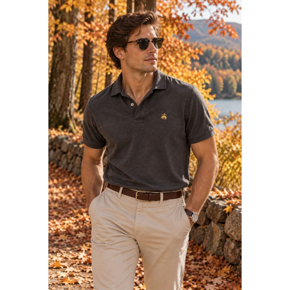 Brooks Brothers 1818 Polo Shirt XXL Gray Gold Logo 100% Cotton Short Sleeve